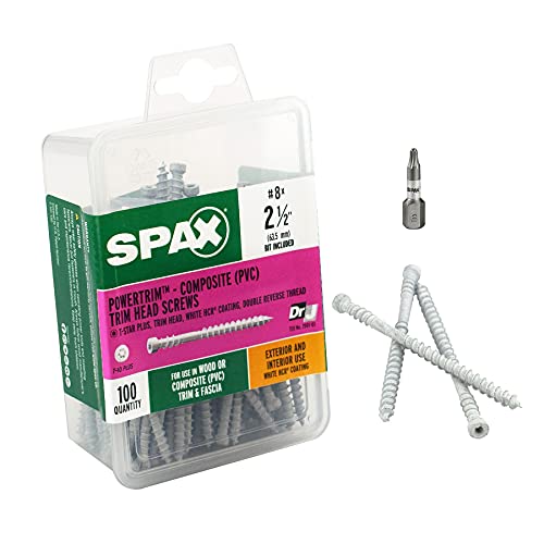 SPAX Tornillos de madera con cabeza trim, doble rosca, tamaño #8 x 2.5 pulgadas, 100 unidades, acabado blanco Powertrim con sistema Torx T-Star Plus miniatura 1