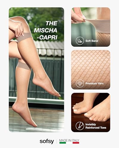 Image of sofsy Italian-Made Soft Fishnet Stockings for Women | 10-Year Hosiery Craftsmanship, Soft Dual Silicone Lace Top, Thigh Highs, Small Grid, Dig-Free, Stretchy