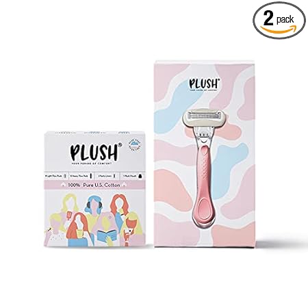 Plush 100% Pure U.S. Cotton 14 Sanitary Pads + 5-Blade Body Razor with Aloe Vera Lubricating Stip for Hair Removal for Women | 8 Light Flow Pads (L) 6 Heavy Flow (XL) 2Panty Liner | Rash Free
