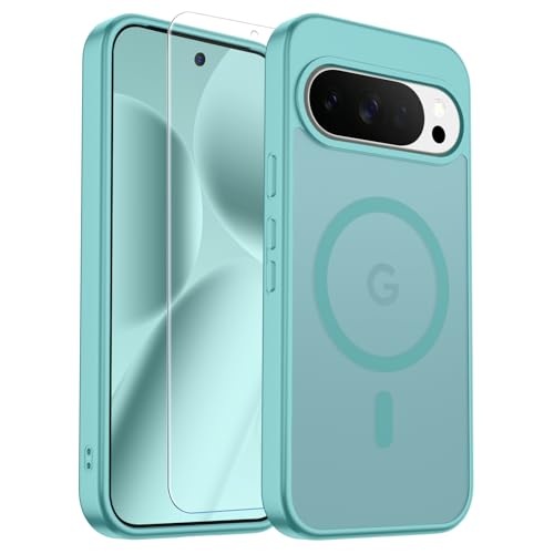 Image of SUPFINE Magnetic for Google Pixel 10 Pro XL Case with Screen Protector, (Built-in Magnets) ((Military Grade Drop Protection) Slim Translucent Shockproof Phone Case,Blue Green