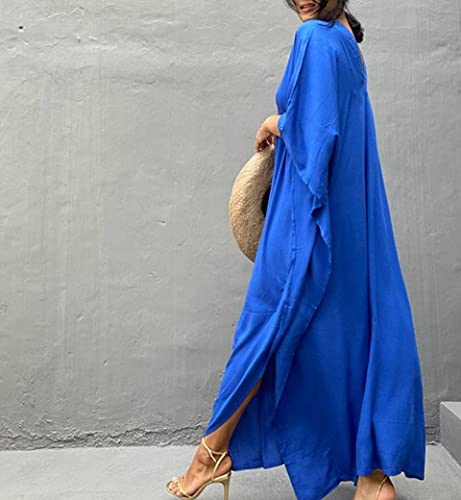 Image of RanRui Caftans for Women Solid Color Chiffon Plus Size Kaftan Dresses Beach Cover Up V Neck Batwing Sleeve Caftans Loungewear