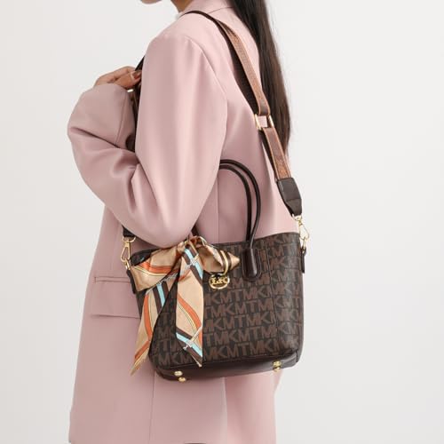 Image of Diva Dale Monogram Print Handbag, Brown Leather Shoulder Bag with Decorative Scarf, Double Handle Tote with Gold Hardware and Detachable Strap