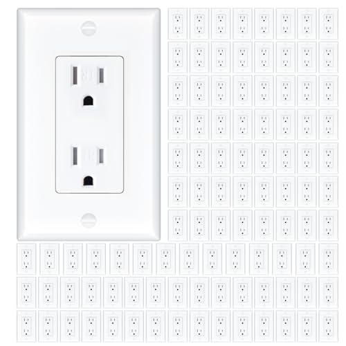 100 Pack Outlet Socket, Decorator Receptacle, 15 Amp, 125 Volt, Tamper Resistant, TR Grounding with Wall Plates