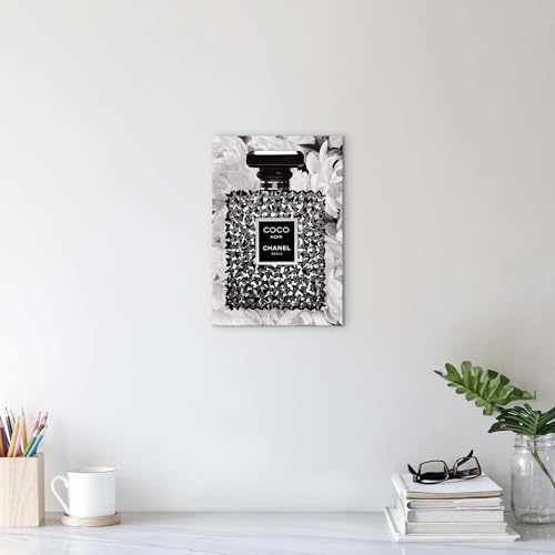 Image of HILL WEST Modern Fashion Canvas Wall Art - Black White Perfume Bottle Picture Prints Glam Butterfly Floral Painting Artwork for Girls Makeup Room Bedroom