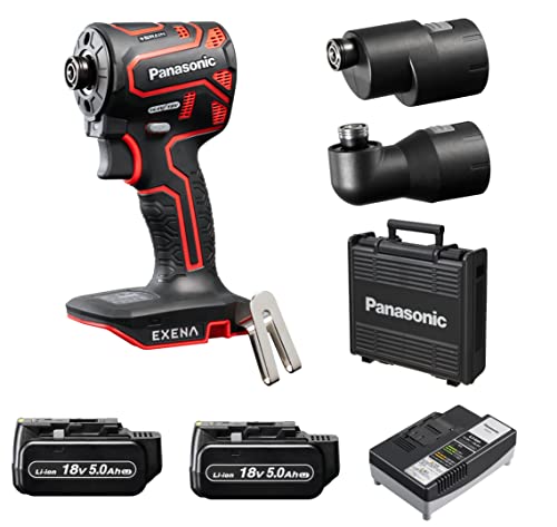 パナソニック 充電インパクトドライバー EZ1PD1 デュアル+BRAIN 電子クラッチ搭載 18V高容量5.0Ah電池パック×2個 充電器 アタッチメント プラスチックケース付 EXENA Pシリーズ レッド EZ1PD1J18A1R