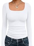 Trendy Queen Womens Square Neck Long Sleeve Shirts Double Lined Solid Slim Fit Tops Y2K Going Out Basic Tees White L