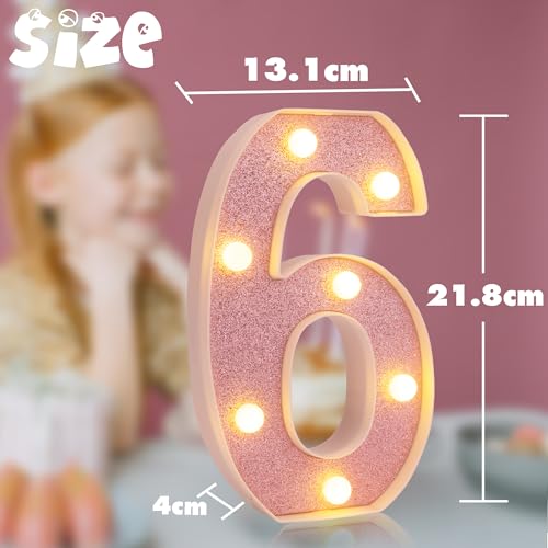 Image of LED Marquee Numbers, Light Up Numbers for Party, Small Light Up Letters, Battery Powered Lighted Number for Birthday or Home Decor (Pink Glitter 6)