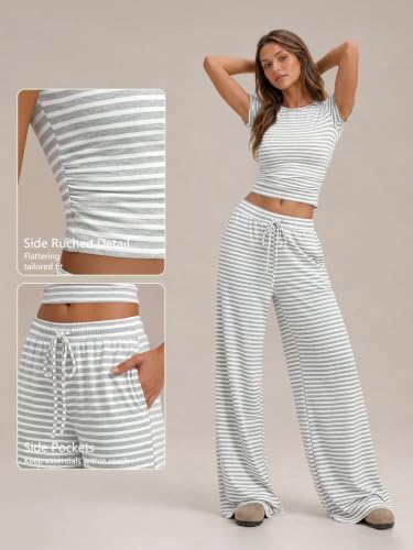 Image of Trendy Queen 2 Piece Matching Summer Lounge Set Womens Side Ruching Top Wide Leg Pants Sets with Pockets