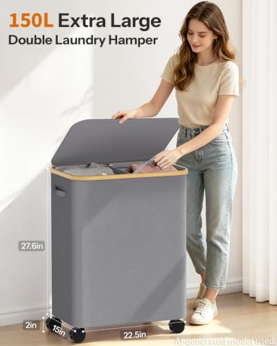 Image of Double Laundry Basket with Wheels and Lid, 150L Clothes Hampers for Laundry