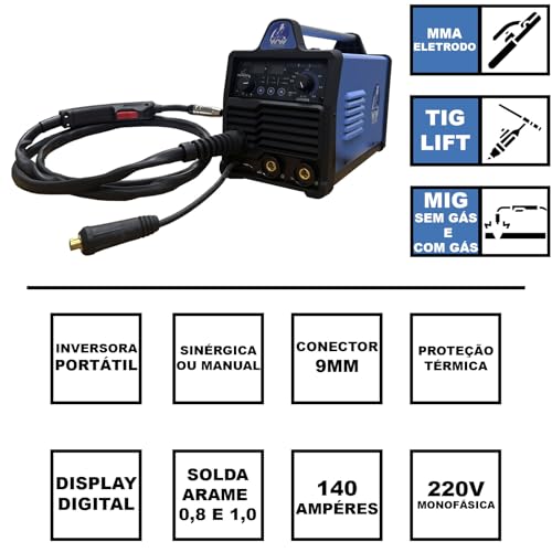 Máquina Inversora De Solda Multiprocesso 140A 4 em 1, Solda Mig Sem Gás, Mig Com Gás, Tig Lift e Ele