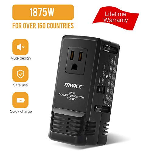 Tryace 1875W Worldwide Travel Converter Adapter Transformer Set Down Voltage 220V to 110V