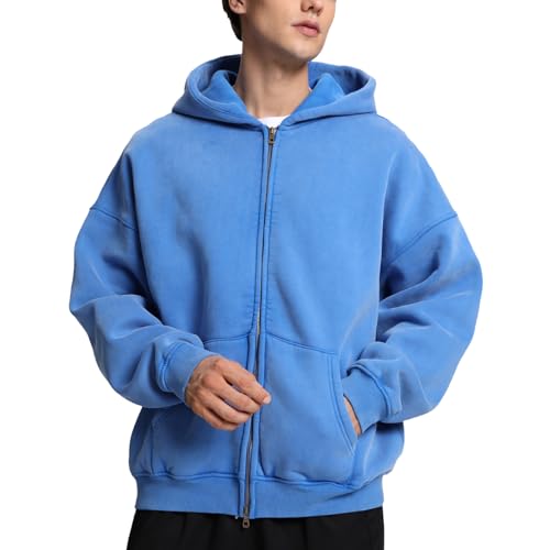 FAIABLE Mens Womens Double Zip Up Hoodie Oversized Acid Wash Hoodies Heavyweight Fleece Cotton Zipper Sweatshirt Vintage Y2k Full Zipup Jacket Couples Streetwear Bright Blue