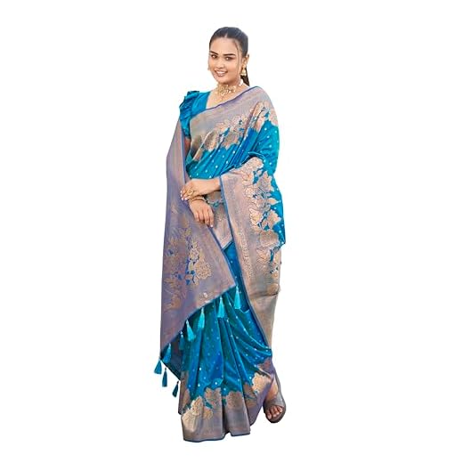 MANOHARI Womens Most Trendy Banarasi Woven Blue Saree With Heavy Jacquard Work Saree With Blouse Piece