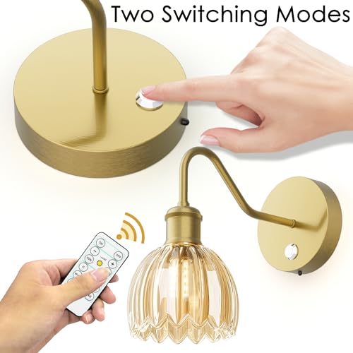 Image of 2 Pack Battery Powered Wall Sconce with Amber Tulip Glass Lampshade, Rechargeable Dimmable LED Wall Sconce for Living Room, Hallway, Bedroom, Dining Room
