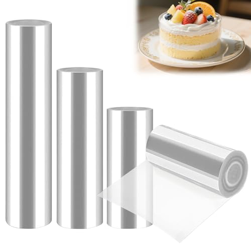 4 volúmenes de lámina Transparente para Bordes de Tartas, 20 cm, 15 cm, 10 cm y 8 cm x 10 m, Rollo de Acetato Transparente para Hornear Pasteles, Pastel de Mousse de Chocolate, Decoración de Pasteles