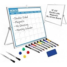 Magnetic Desktop Whiteboard with Calendar 12x16 Inch, Double Sided Tabletop Whiteboard with 10 Premium Markers for Small Grids, 15-Pc Portable Monthly Planner for Office & School