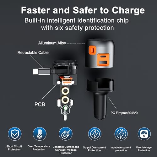 Image of 60W Retractable Car Charger, 3-Port USB-C Car Charger Adapter with Built-in Retractable Cable, Fast Charging Cigarette Lighter Adapter for iPhone 16 /15, Galaxy S25 /S24, Pixel, iPad(Black)