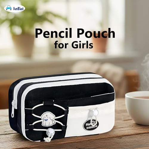 Image of FunBlast Pencil Pouch for Girls - Aesthetic Multi-Compartment Zipper Pouch with Drawstring Pocket, Cute Kawaii Pencil Case, Stylish Stationery Pouch, Return Gift for Kids & School Use (Black2)