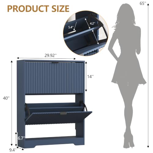 Image of HUANLEGO Shoe Cabinet Storage for Entryway with 2 Flip Drawer, Blue | Fluted Shoe Cabinet with Open Storage, Hidden Shoe Rack for Entryway,Freestanding Narrow Shoe Organizer for Hallway, Entrance