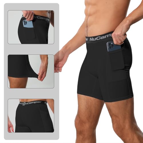 NuCamper Men’s Compression Shorts with Pocket Spandex Athletic Underwear Performance Gym Boxer Briefs Cool Dry Baselayer3