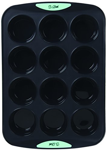 Birambeau - B.BAD - Moule pour 12 Muffins - Silicone - Renfort Acier Poignées - Couleur : Noir & Turquoise - Rendu Professionnel