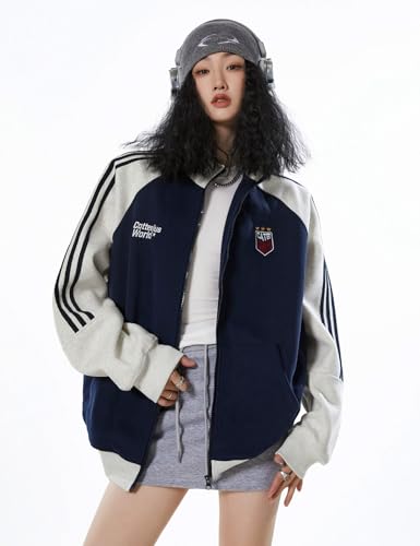 Image of Men's Women's Oversized Zip Up Color Block Mock Neck Hoodies Sweatshirt Letter Graphic Varsity Jacket