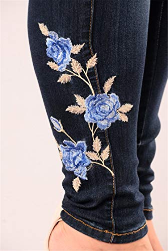 Andongnywell Women Embroidered Pencil Jeans Rose Embroidery High Waist Denim Pants Flower Slim Skinny Trousers (Blue,Large) #TOP3