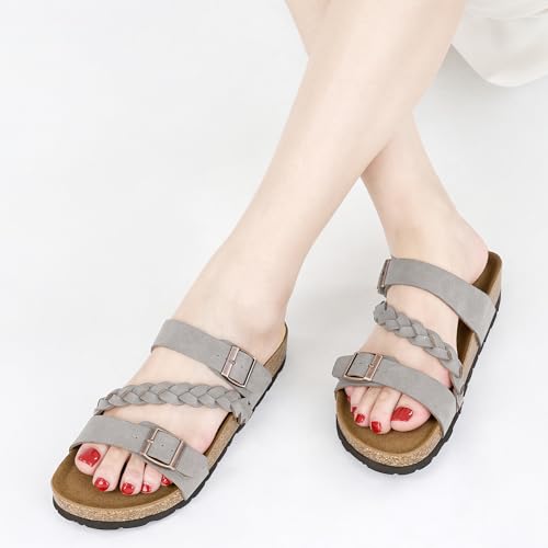 Image of HARENCE Flat Sandals for Women 2026 Comfort Cork Footbed with Adjustable Buckle Summer Slides for Women for Vacation Walking
