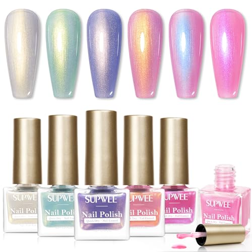 SUPWEE Pearl Nail Polish Set 6 Colors Quick Dry Mermaid Nail Polish 7ml Non UV Oil Based Air Fast Drying Nails Varnish Kit for Women Salon Home Use