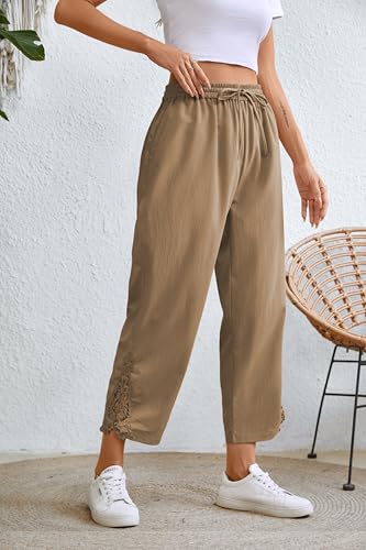 Image of Women Casual Lightweight Drawstring Elastic Waist Cropped Linen Pants Fall Spring Slacks Capri Pants Trendy Fashion 2026 Beach Trousers with Pockets Khaki Large