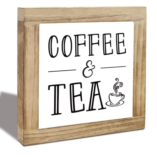 Rustic Wooden Desk Decors, Coffee and Tea Sign, Decorative Funny Cafe Wood Box Sign, Rustic Home Shelf Wall Decoration, Home & Cafe Desk Decor, Funny Wood Plaque Decor for Coffee 5.9X5.9X0.7inches