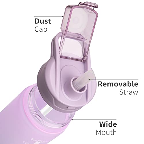 DEARRAY 1 liter / 1l Sport Waterfles met Rietje 1000 ml BPA vrij Motiverende Drinkfles met Tijd Marker voor Fitness, Fietsen, Kamperen, School (Roze / Violet) - Image 4