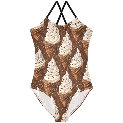 Pigsaly Girls One Piece Swimsuits Chocolate Ice Cream Brown Kids Cross Back Swimwear Toddler Beach Sport Bathing Suit 3T