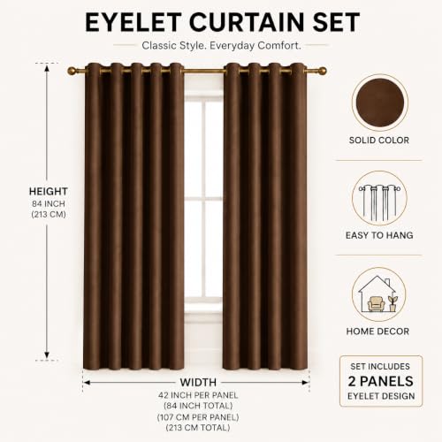 Image of Polyester Eyelet Door Curtain, Solid Plain Light Filtering Curtain for Bedroom, Living Room & Home Office, 7 Feet (84 x 48 Inch), Brown, Pack of 2
