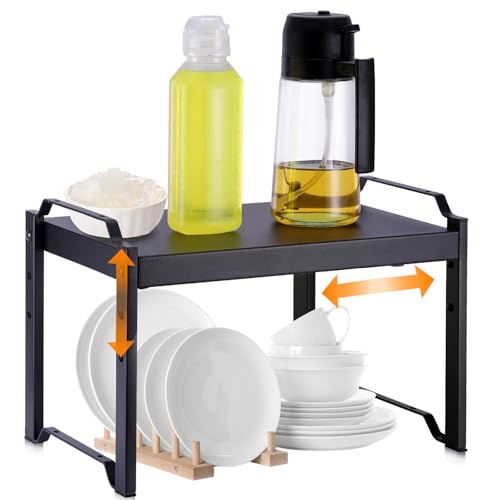Ripiano Organizzatore per Cucina, Scaffale Espandibile 32-53cm per Pensili, Ripiani Resistente per Top Cucina, Scaffalatura Regolabile in Nero con 3 Altezze, Organizzatore per Desktop e Mobili