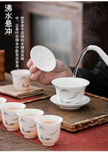 Image of Liang baobao Gaiwan with 4 Cups Sets White Porcelain Chinese Tea cups Gongfu Tea Set (landscape)