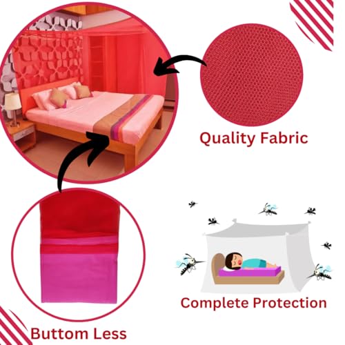 Image of RN Enterprise Mosquito Net, Polyester Material, Coloring Cotton Tape with Foam Bottom (Red, Double Bed (5x7 Feet))