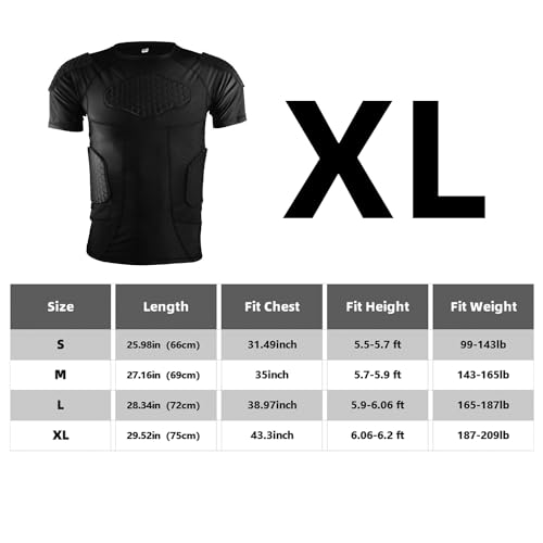 Men's Padded Compression Shirt Protective Short Sleeve T Shirt Rib Chest Protector for Football Baseball Soccer Basketball Bike Rugby Paintball Snowboard Ski Volleyball Training-Adult Black - Thumbnail 6