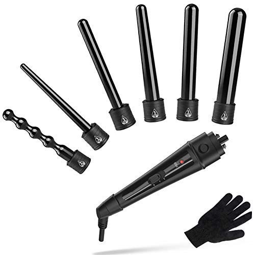 Rizador de Pelo Profesional 6 en 1 set con Conos Temperatura Ajustable Cerámicas de Turmalinas Intercambiables,Planchas rizadoras no Dañar el Pelo, con Guante