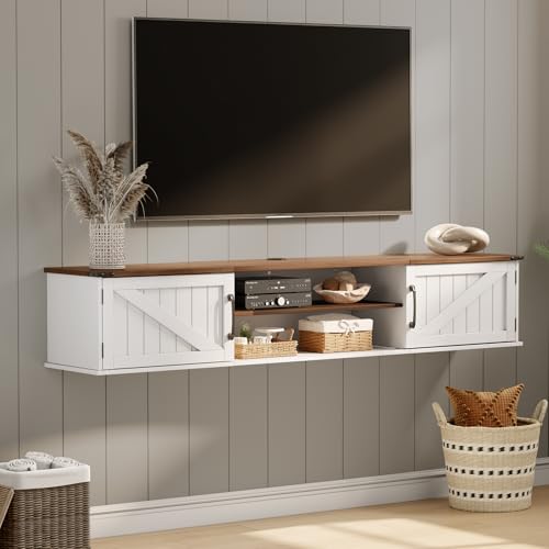 Floating TV Stand with Doors, 63'' Farmhouse Floating TV Shelf for TVs up to 80 Inch, 2 Tier Wall Mounted TV Stand, Floating Entertainment Center, TV Floating Cabinet for Living Room, Retro White