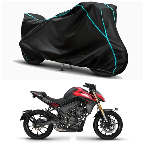 Image of Waterproof Bike Body Cover Compatible for | Keeway K300 N Matte BS6 | Taffeta Fabric, Sky Piping Design, Bottom Elastic Fit | Dustproof, Sun UV & Rain Protection for All Weather.