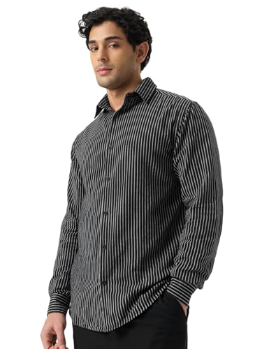 Image of The Souled Store Cotton Linen Stripes: Apricot Men and Boys Long Sleeves Collared Neck Orange Stripes Regular Fit Lightweight Comfortable Summer Cotton Linen Shirts