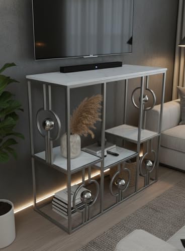 Image of Console Table with Storage, Modern Engineered Wood, Gold Metal Frame with Decorative Spheres, 30x30x7.5 Inch (Gry White)