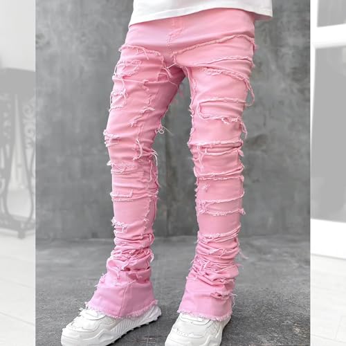 DGHM-JLMY Men's Slim Fit Stretch Stacked Jeans Straight Leg Skinny Denim Pants Distressed Frayed Hip Hop Jeans Trouser2