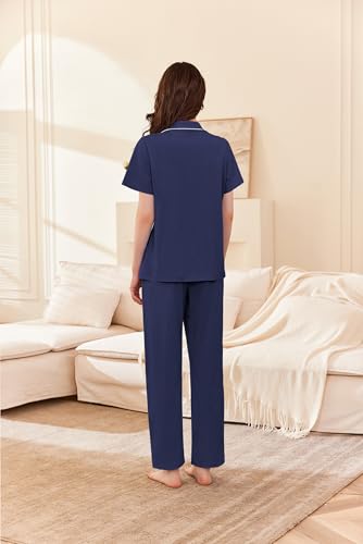 Ekouaer Women's 100% Cotton Pajamas Set Short Sleeve Button Down Pjs 2 Piece Soft Sleepwear with Long Pants Lounge Set2