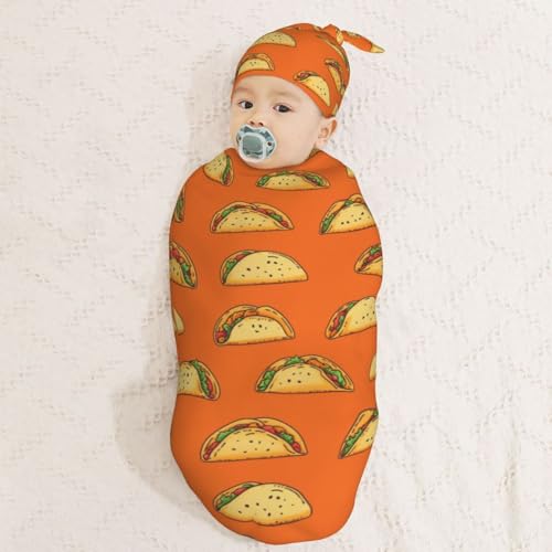 Image of Cartoon Tacos Newborn Swaddle Blankets Hat Sets Soft Baby Receiving Blanket Swaddle Sack for Baby Shower Infant Boy Girl Gift