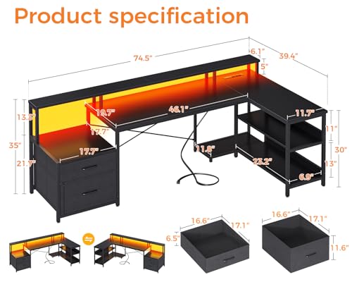 ODK L Shaped Desk with File Drawer, 75" Reversible L Shaped Computer Desk with Power Outlet & LED Strip, Office Desk with Storage Shelves, Gaming Desk with Monitor Shelf, Corner Desk, Black - Image 4