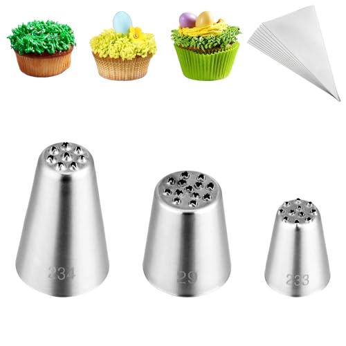 Kasmoire 3Pcs Grass Icing Nozzles Set,Stainless Steel Grass Piping Tip With 10Pcs Disposable Piping Bags,Cake Decorating Tips For Baking Decorating
