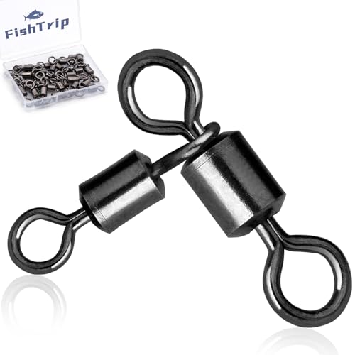FishTrip 3 Way Swivel Fishing Tackle - 50pcs Black T-Turn Three Way Swivels Heavy Duty Saltwater for Catfish Rigs(2/0 * 1/0)