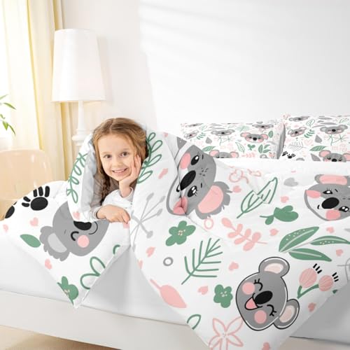 Image of Feelyou Koala Comforter Set Toddler Size, Cartoon Koala Comforter Set Toddler Size Cute Koala Comforter for Kids Toddler Botanical Plant Duvet Set Lightweight Quilt Set